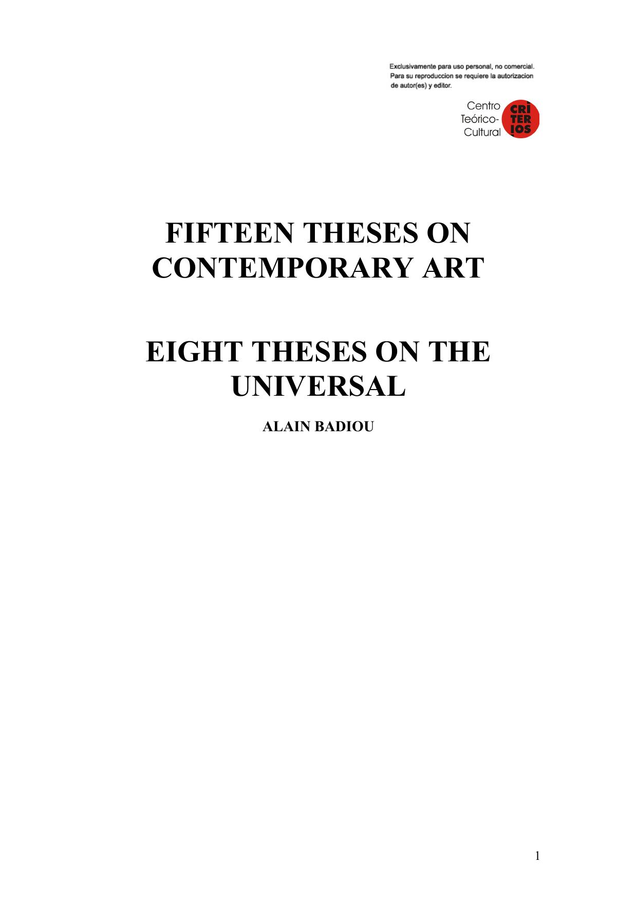 FIFTEEN THESES ON CONTEMPORARY ART and THESES ON UNIVERSAL